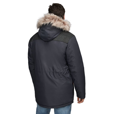 A person seen from behind wears the Clearance Men's Momentum II Midweight Parka Jacket with a detachable faux fur hood and black shoulder accents, paired with blue jeans, against a plain white background.