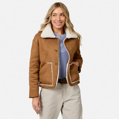 Tan faux suede shearling reversible jacket with white sherpa lining worn open