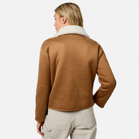 Back view of a camel brown faux suede shearling jacket with white fleece collar