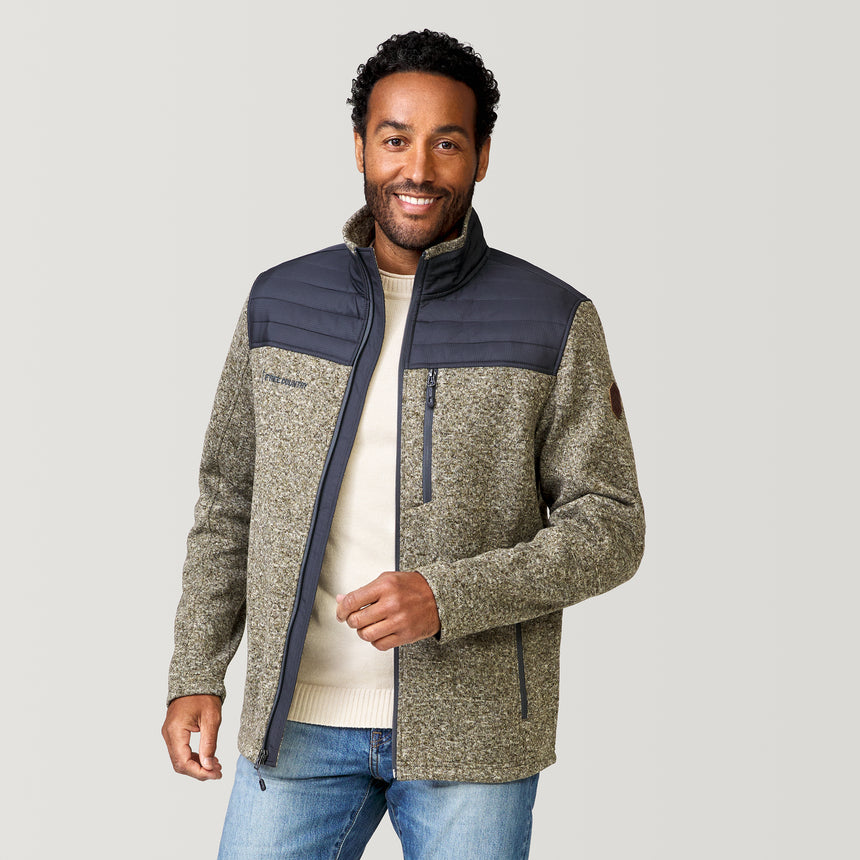 Man wearing a two-tone khaki fleece jacket with a gray background