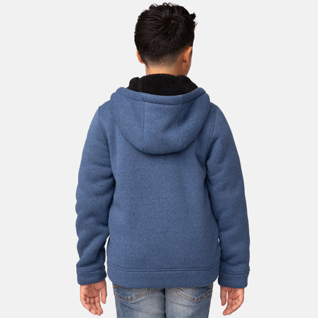 [Model is wearing a size Medium.] Boy wearing the Free Country Boys' Mountain Fleece Hoodie Jacket in blue, featuring a light grey zipper and small round logo on the sleeve.