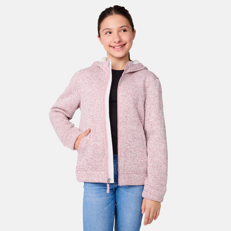 [Samantha is wearing size M.] Girls' light pink zip-up hoodie with hood and front pockets — soft texture and relaxed fit for everyday layering