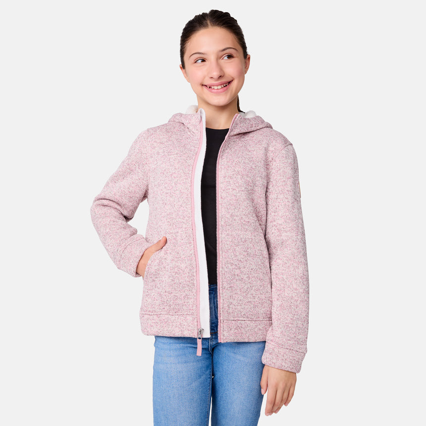 [Samantha is wearing size M.] Girls' light pink zip-up hoodie with hood and front pockets — soft texture and relaxed fit for everyday layering
