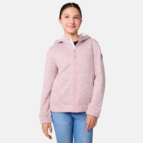[Samantha is wearing size M.] Girls' light pink zip-up hoodie with hood and front pockets — soft texture and relaxed fit for everyday layering