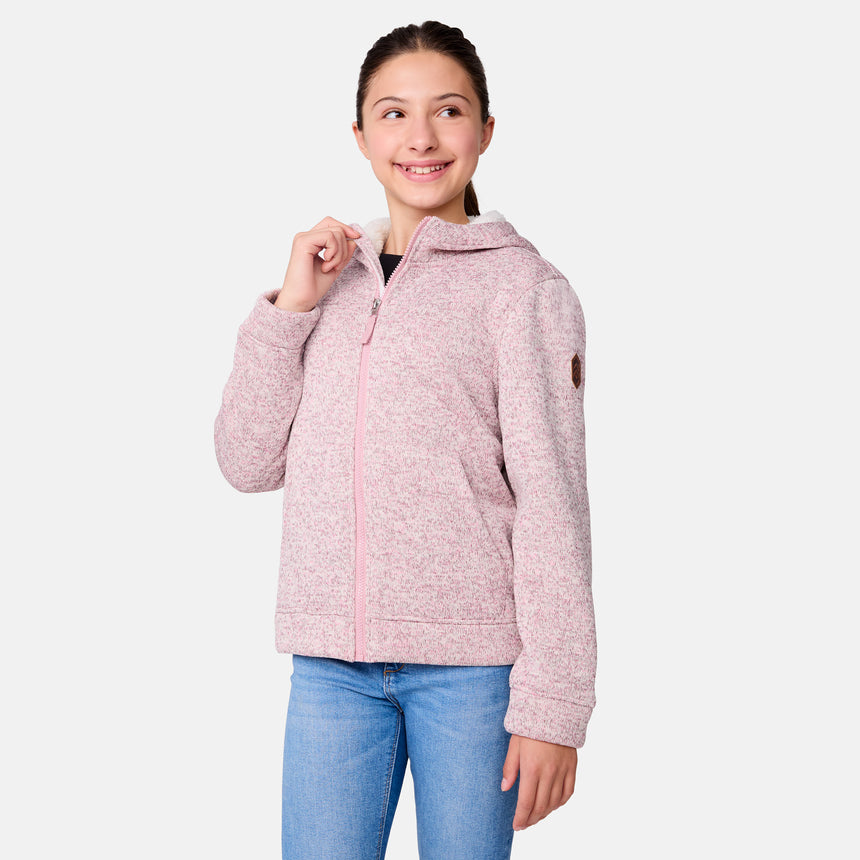 [Samantha is wearing size M.] Girls' light pink zip-up hoodie with hood and front pockets — soft texture and relaxed fit for everyday layering