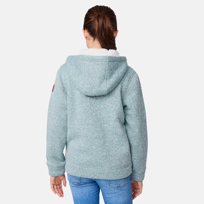 [Samantha is wearing size M.] Girls' light green fleece hoodie with sleeve patch and front pockets — relaxed fit for casual layering