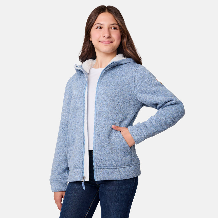 [Samantha is wearing size M.] Girls' light blue zip-up hoodie with white lining and front pockets — soft, casual layer for cool-weather comfort