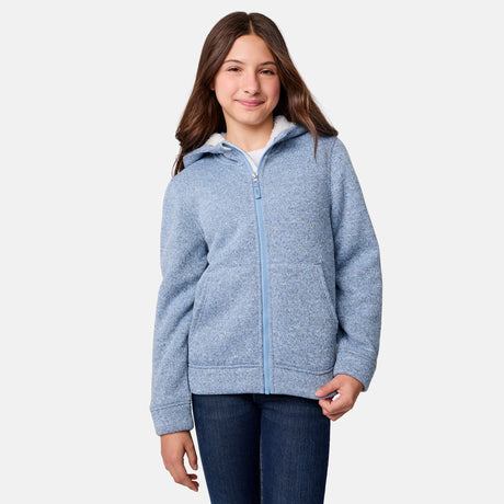 [Samantha is wearing size M.] Girls' light blue zip-up hoodie with white lining and front pockets — soft, casual layer for cool-weather comfort