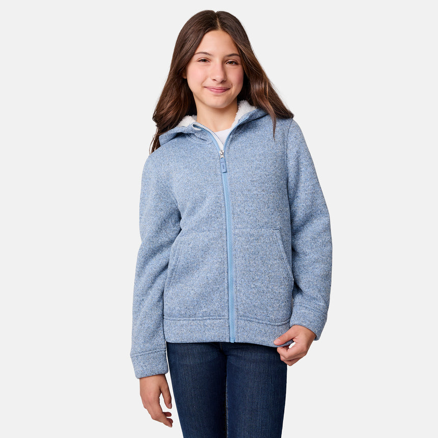 [Samantha is wearing size M.] Girls' light blue zip-up hoodie with white lining and front pockets — soft, casual layer for cool-weather comfort