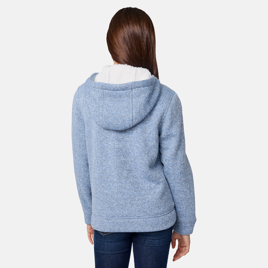 [Samantha is wearing size M.] Girls' light blue zip-up hoodie with white lining and front pockets — soft, casual layer for cool-weather comfort