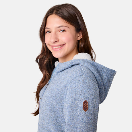 [Samantha is wearing size M.] Girls' light blue zip-up hoodie with white lining and front pockets — soft, casual layer for cool-weather comfort