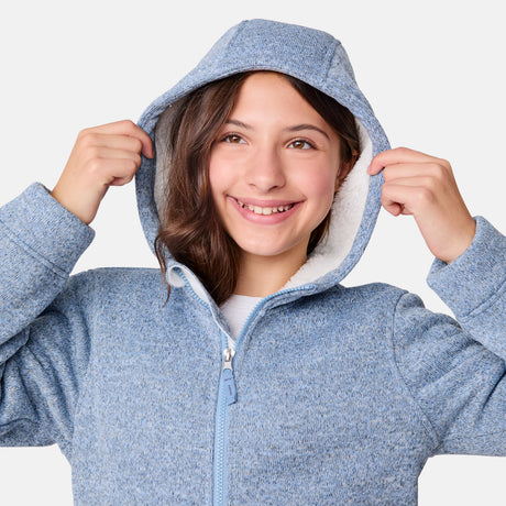 [Samantha is wearing size M.] Girls' light blue zip-up hoodie with white lining and front pockets — soft, casual layer for cool-weather comfort