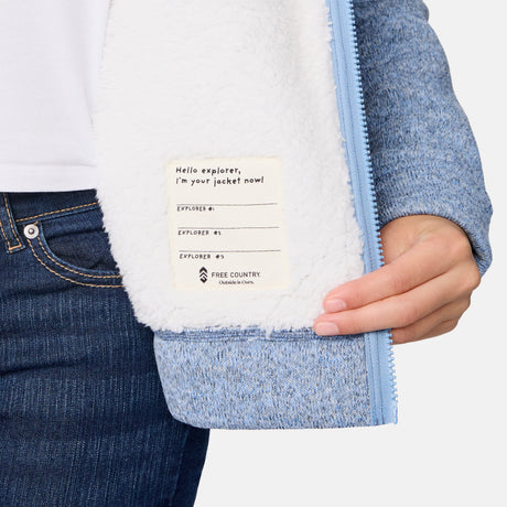 [Samantha is wearing size M.] Girls' light blue zip-up hoodie with white lining and front pockets — soft, casual layer for cool-weather comfort