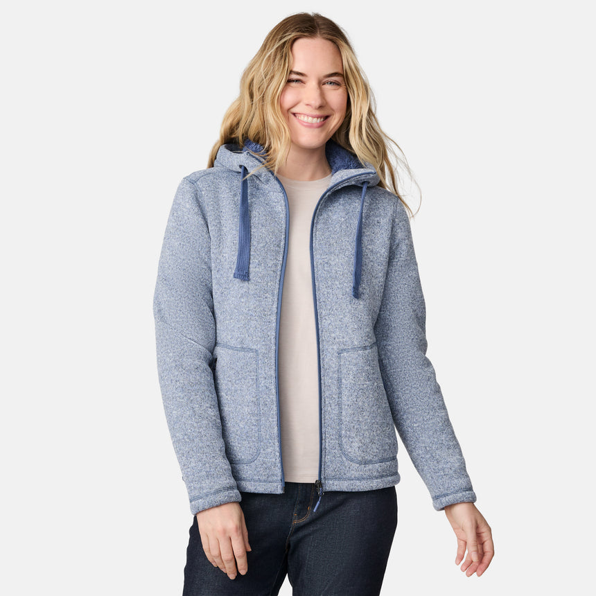 [CJ is 5'10" wearing size S.] Woman wearing a blue hoodie on a white background