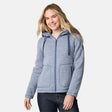 [CJ is 5'10" wearing size S.] Woman wearing a blue hoodie on a white background