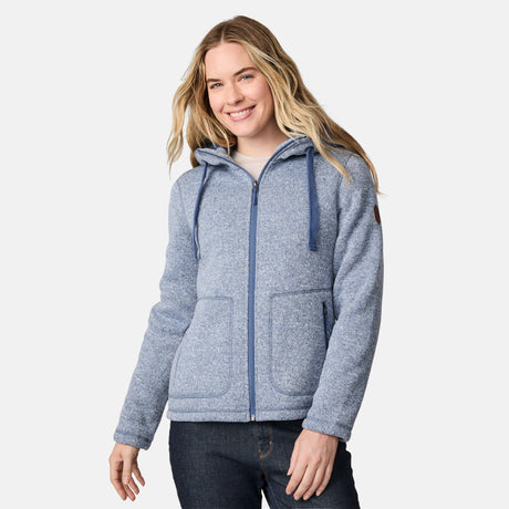 [CJ is 5'10" wearing size S.] Woman wearing a blue hoodie on a white background
