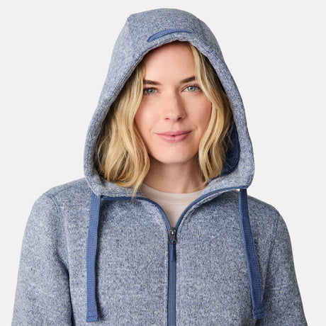 [CJ is 5'10" wearing size S.] Woman wearing a blue hoodie on a white background