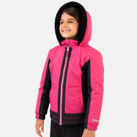 [Model is wearing a size Medium.] Girl wearing the Free Country Girls' Boarder Jacket in bright pink and black, featuring Butter Pile® lining, a wind- and water-resistant shell, and a hooded design.