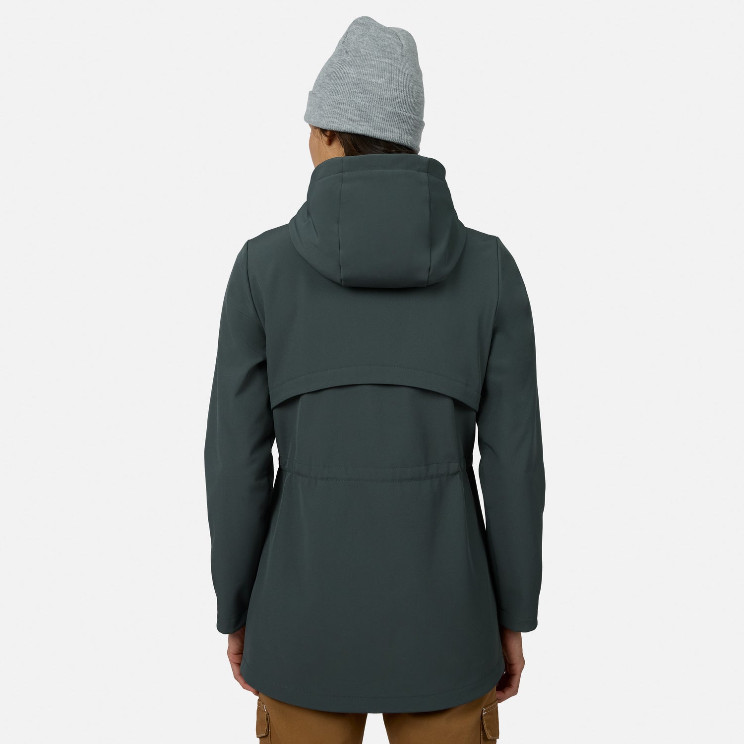 [Model is wearing size S.] A person shown from the back wearing a dark slate green hooded jacket and a light gray beanie against a plain light gray studio background.