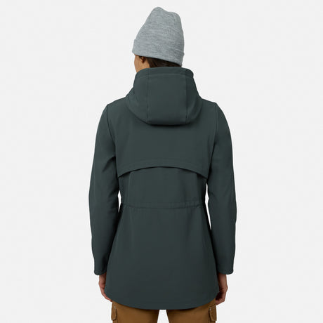 [Model is wearing size S.] A person shown from the back wearing a dark slate green hooded jacket and a light gray beanie against a plain light gray studio background.