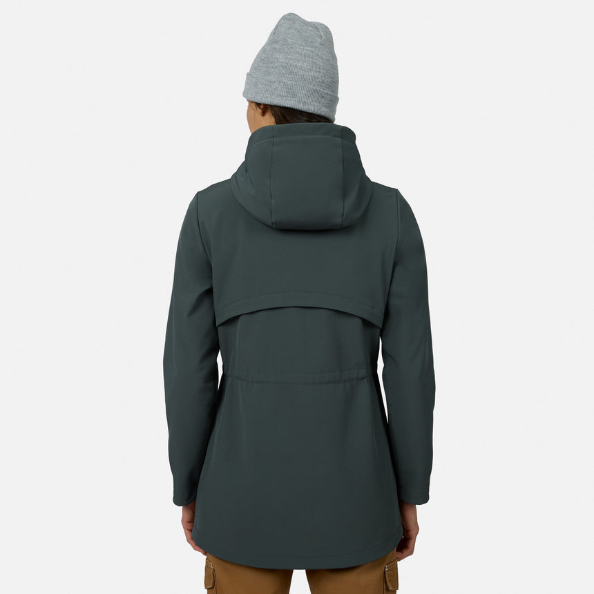 [Model is wearing size S.] A person shown from the back wearing a dark slate green hooded jacket and a light gray beanie against a plain light gray studio background.