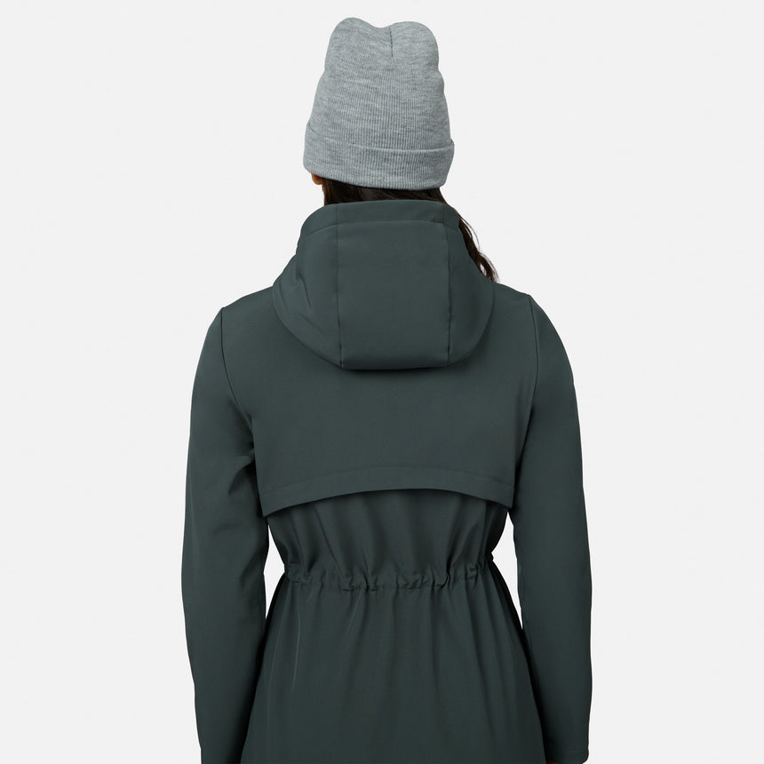 [Model is wearing size S.] A person shown from the back wearing a dark slate green hooded jacket and a light gray knit beanie against a plain light gray background.