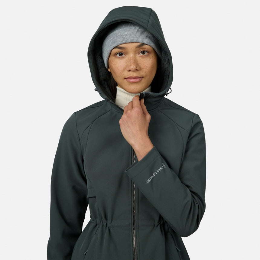[Model is wearing size S.] A woman wearing a dark gray hooded jacket with a gray beanie and white neck gaiter, standing against a light gray background. The brand name 'MENDS' is visible on the sleeve cuff.
