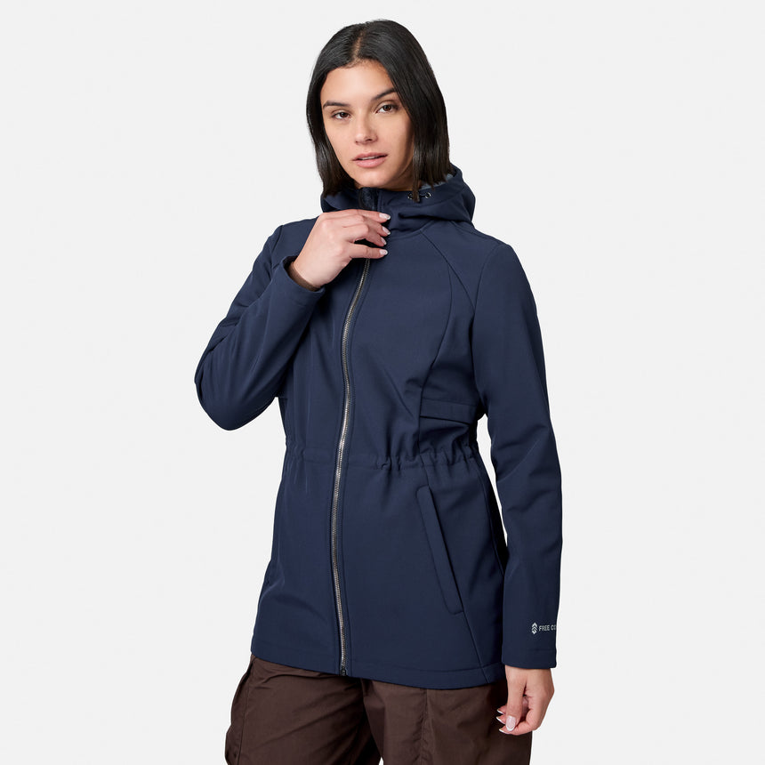 [Model is wearing size S.] A woman wearing a dark navy hooded zip-up jacket with a drawstring waist and side pockets, paired with brown pants, photographed against a light gray studio background.