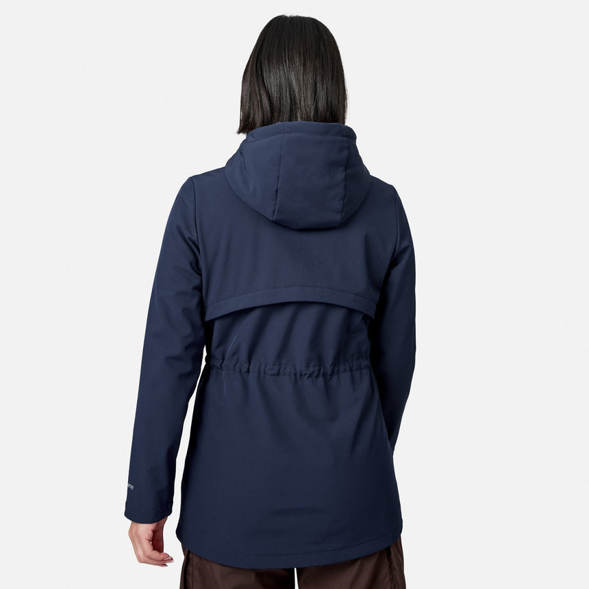 [Model is wearing size S.] A woman viewed from the back wearing a dark navy hooded jacket with a drawstring waist, against a light gray studio background.