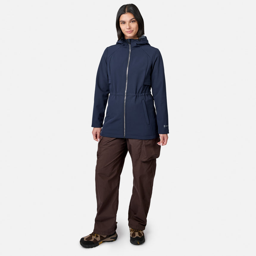 [Model is wearing size S.] A woman modeling a dark navy hooded jacket with a silver zipper, paired with brown pants and hiking boots, against a light gray background.
