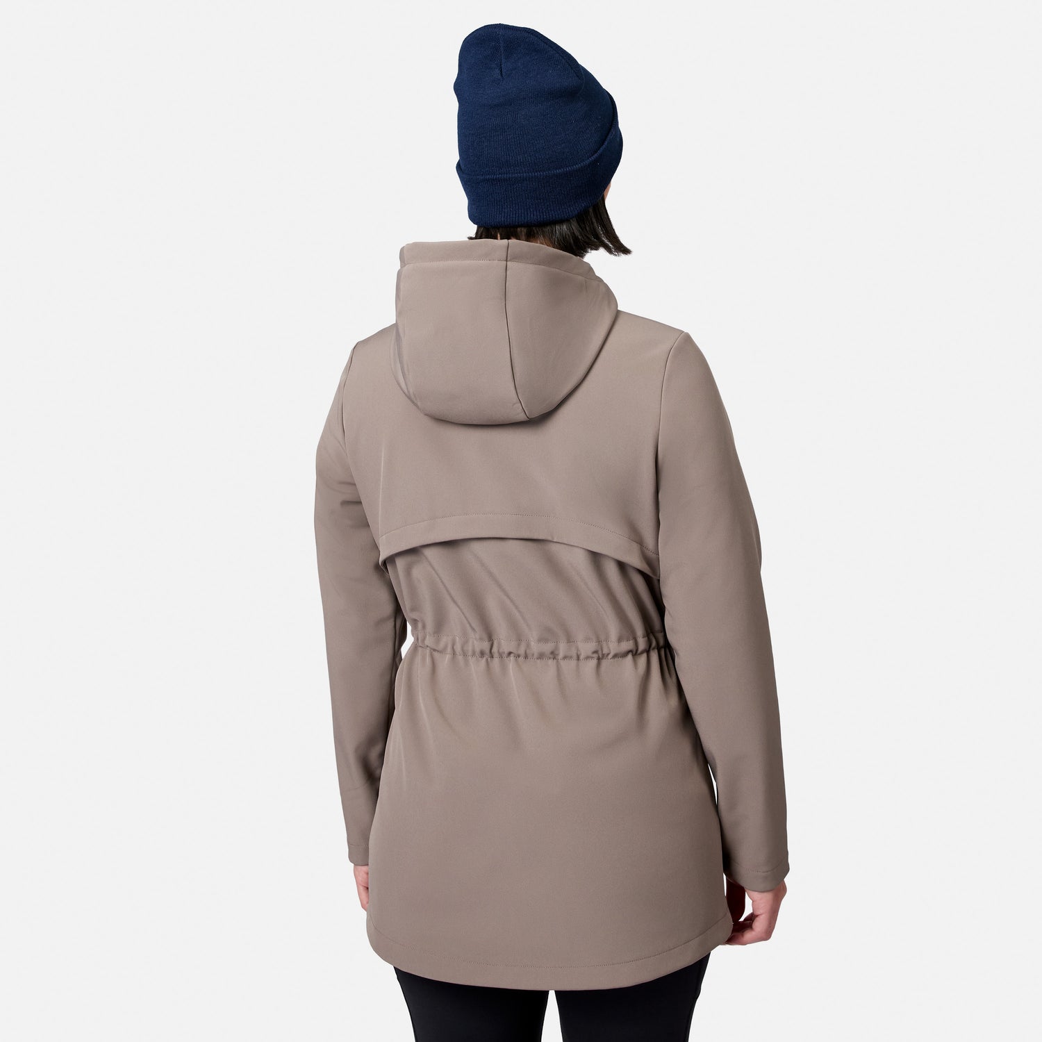 [Model is wearing size S.] A person shown from the back wearing a hooded jacket in a taupe-brown color and a navy blue beanie, against a plain light gray background.