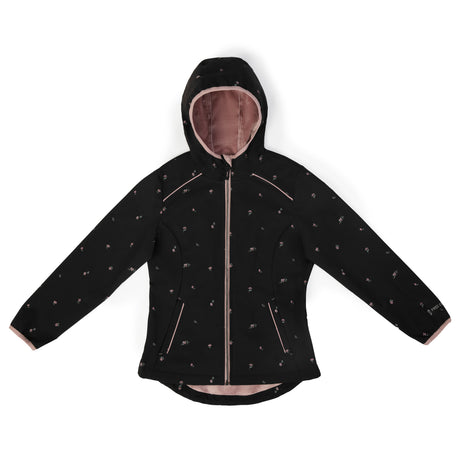 Front view of a black floral softshell jacket with pink hood lining and pink zipper trim