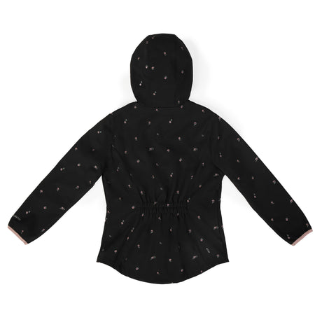 Back view of a black Girls' Super Softshell Jacket with small pink floral embroidery scattered across the fabric