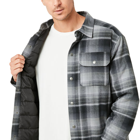 A man holds open a Clearance Men's FreeCycle® Utility Work Shirt, showing its padded interior. His face is partially out of frame.