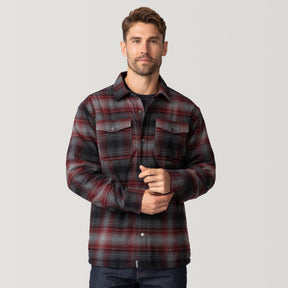 A man with short brown hair and a beard wears the Clearance Men's Flannel Workwear Shirt in black and red plaid over a dark tee, standing against a plain light background.