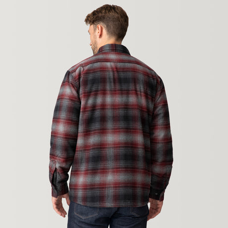 A man, seen from behind, wears the Clearance Men's Flannel Workwear Shirt in red and black plaid with dark jeans, standing against a plain light gray background.