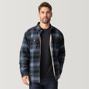 A man with short brown hair and a beard wears the Clearance Men's Flannel Workwear Shirt in blue and black plaid over a black t-shirt and dark jeans, standing against a plain light gray background.