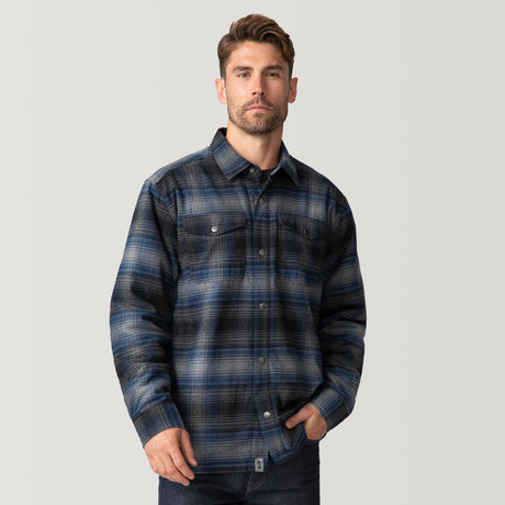 A man with short brown hair and a beard models the Clearance Men's Flannel Workwear Shirt, featuring blue and black plaid and chest pockets, against a plain light gray background.