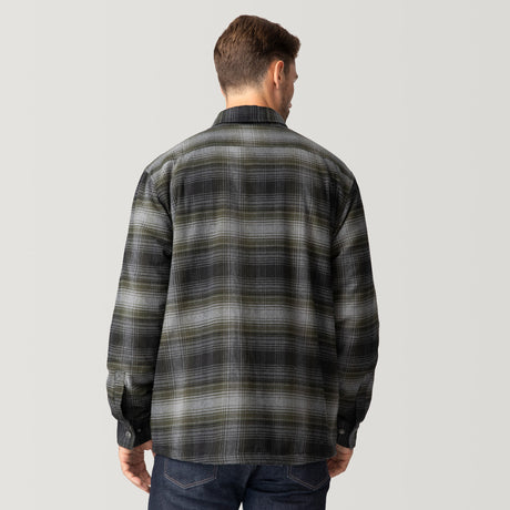 A man stands with his back to the camera, wearing the Clearance Men's Flannel Workwear Shirt in black and gray plaid and dark jeans, set against a plain light gray background.