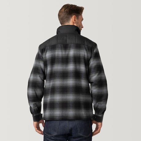 [Matt is 6'2" wearing a size Medium.] Man wearing Free Country Men's Woodsman Work Jacket in grey and black plaid with a full front zipper opening, soft lining, and recycled polyester filling, light grey background. Perfect men’s jacket for fall weather.