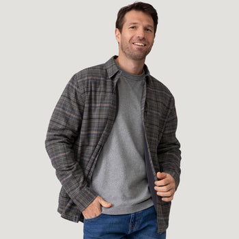 [Vince is 6’1” wearing a size Medium.] Men's Easywear II Fleece Lined Flannel Shirt - Dusty Vine Plaid - M #color_dusty_vine_plaid