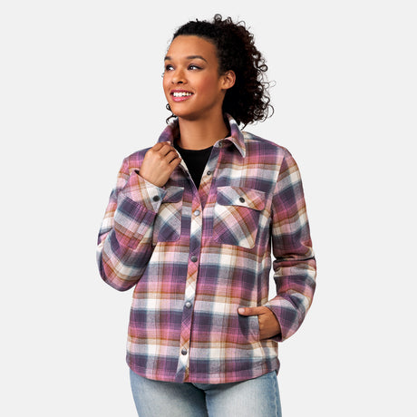 [Model is wearing a size Small.] Women's Koshi Adirondack Flannel Shirt Jacket - Driftwood Plaid - S #color_driftwood-plaid