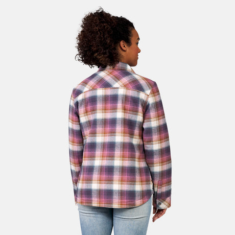 [Model is wearing a size Small.] Women's Koshi Adirondack Flannel Shirt Jacket - Driftwood Plaid - S #color_driftwood-plaid