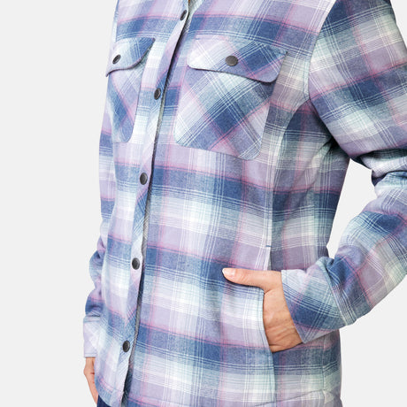 [Megan is 5’6” wearing a size Small.] Women's Koshi Adirondack Flannel Shirt Jacket - Stormy Plaid - S #color_stormy-plaid