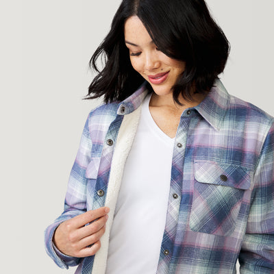 [Megan is 5’6” wearing a size Small.] Women's Koshi Adirondack Flannel Shirt Jacket - Stormy Plaid - S #color_stormy-plaid