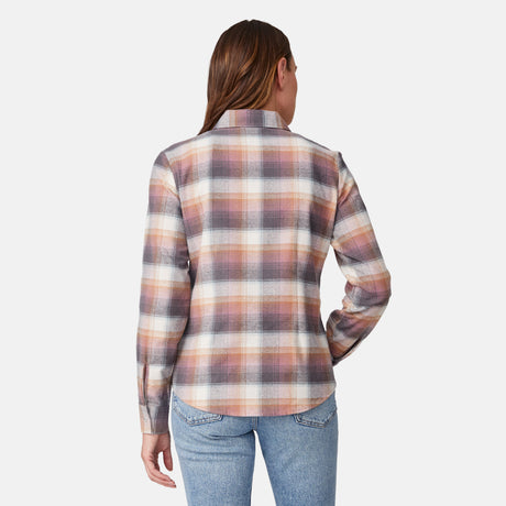 [Model is wearing size S.] A woman shown from the back wearing a long-sleeve plaid button-up shirt in muted peach, brown, and cream tones, paired with blue jeans, against a light gray studio background.