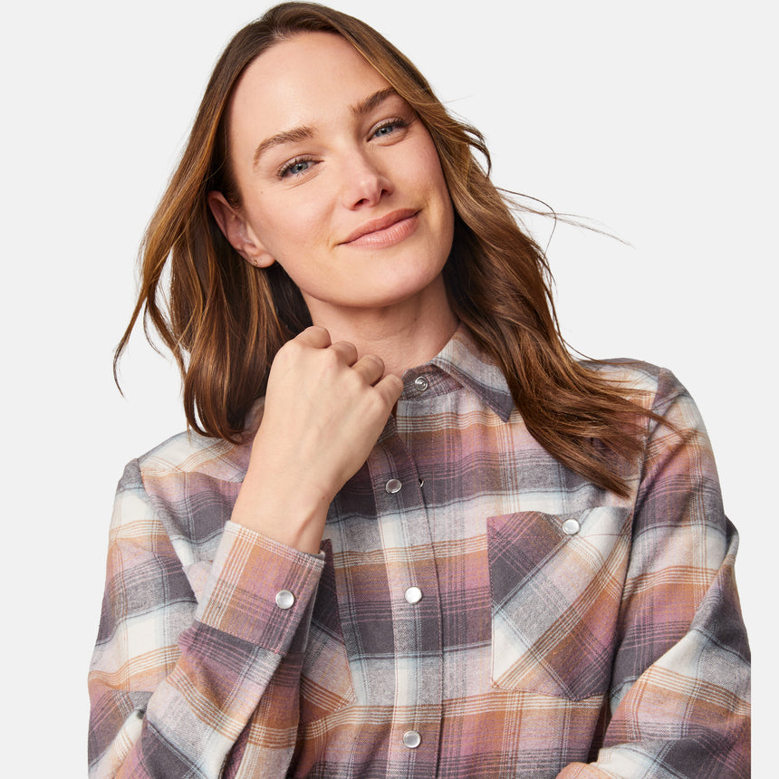 [Model is wearing size S.] A woman wearing a long-sleeve plaid button-up shirt in muted tones of pink, beige, gray, and brown, photographed against a clean light gray studio background.
