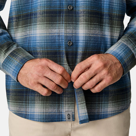 [Kolby is 6'2" wearing size M.] Men’s long-sleeve plaid button-up shirt in blue, black, and white — soft flannel texture with checkered design and casual fit