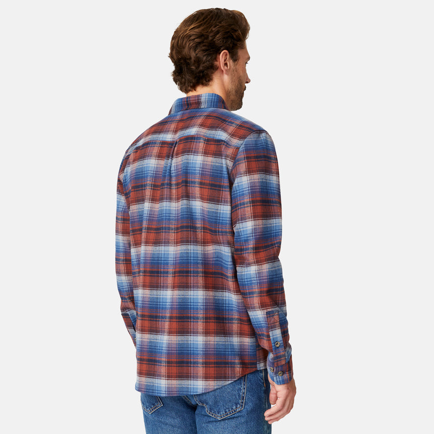 [Matt is 6'2" wearing size M.] Men’s long-sleeve plaid button-up shirt in red, blue, and white — casual fit with front buttons and chest detailing