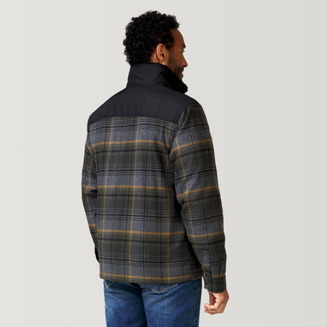 [Jonathan is 6’1” wearing a size Medium.] Man wearing Free Country Men's Woodsman Work Jacket in green and grey plaid with a full front zipper opening, soft lining, and recycled polyester filling, light grey background. Perfect men’s jacket for fall weather.
